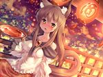  animal_ears bare_shoulders blush brooch brown_eyes brown_hair cup imaizumi_kagerou jewelry lantern long_hair looking_at_viewer open_mouth sakazuki shirt skirt solo tail touhou volcano_(liao) wolf_ears wolf_tail 
