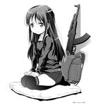  ak-47 assault_rifle backpack bag child commentary_request copyright_request full_body greyscale gun long_hair monochrome mudou_eichi pillow randoseru rifle school_bag seiza simple_background sitting skirt smile solo sweat thighhighs thighs weapon white_background younger zettai_ryouiki 