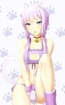  abmayo absurdres animal_ears areola_slip areolae arm_warmers bare_arms bare_shoulders bell between_legs blush bra breasts cat_ears cat_lingerie cat_tail collarbone covering covering_crotch eyebrows eyebrows_visible_through_hair frilled_bra frills gloves hair_tubes hand_between_legs highres jingle_bell kemonomimi_mode knee_up lavender_background leg_warmers long_hair looking_at_viewer low_twintails meme_attire navel panties paw_gloves paw_hair_ornament paw_print paws purple_bra purple_eyes purple_gloves purple_hair purple_panties purple_ribbon ribbon side-tie_panties simple_background sitting small_breasts solo stomach tail thighs tsurime twintails underwear underwear_only vocaloid voiceroid yuzuki_yukari 