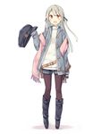  bag boots buttons cabbie_hat camera fanny_pack full_body hat hat_removed headwear_removed holding holding_hat jacket jpeg_artifacts long_hair long_sleeves looking_at_viewer open_mouth original pantyhose pink_scarf poco_(asahi_age) red_eyes scarf shorts simple_background solo standing white_background white_hair 
