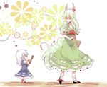  breasts cleavage dress dual_persona ex-keine green_hair highres horn_ribbon horns kamishirasawa_keine medium_breasts multiple_girls outstretched_arms red_eyes ribbon scroll six_(fnrptal1010) time_paradox touhou white_hair younger 