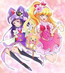  :d asahina_mirai bear black_footwear black_hat blonde_hair blue_eyes boots bow creature cure_magical cure_miracle earrings full_body gem gloves hair_bow half_updo hat izayoi_liko jewelry knee_boots long_hair looking_at_viewer magical_girl mahou_girls_precure! mikanmochi mini_hat mini_witch_hat mofurun_(mahou_girls_precure!) multiple_girls open_mouth pink_background pink_bow pink_hat pink_skirt ponytail precure puffy_sleeves purple_eyes purple_hair purple_skirt red_bow skirt smile star star_in_eye symbol_in_eye white_gloves witch_hat 