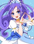  :d bad_id bad_pixiv_id blue blue_background blue_bow blue_eyes blue_hair bow bracelet choker crystal_earrings cure_diamond diamond_hands dokidoki!_precure earrings hishikawa_rikka jewelry long_hair looking_at_viewer magical_girl open_mouth precure purin_(purin0) skirt smile solo 