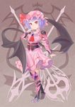  armor armored_boots armored_dress ascot bat_wings boots brown_background corset dress full_body gauntlets gradient gradient_background hat hat_ribbon highres lavender_hair looking_at_viewer mizuke_no_nai_tofu mob_cap nail_polish pink_dress puffy_sleeves red_eyes remilia_scarlet ribbon short_hair short_sleeves smile solo spear_the_gungnir touhou wings 