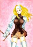  armor blonde_hair brown_eyes dress final_fantasy final_fantasy_tactics gauntlets gloves kikimimi_612 long_hair solo squire_(fft) sword weapon 