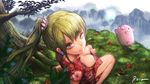  animal barefoot bibiko breasts china_dress chinese_clothes cleavage dress earrings flower grass green_hair grey_eyes highres jewelry long_hair looking_at_viewer medium_breasts mountain original pig ponytail sitting solo tree wallpaper wariza 