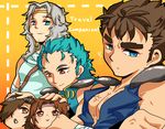  4boys armband bat_(hokuto_no_ken) blue_hair brown_eyes brown_hair child circlet english facial_hair goggles hand_on_another's_head headband hokuto_no_ken kenshirou long_hair looking_at_another looking_back looking_down looking_up lynn male_focus multiple_boys red_eyes rei_(hokuto_no_ken) scar shion_(kokorozashi_on_momo_neko) short_hair shoulder_pads silver_hair smile toki_(hokuto_no_ken) yellow_background 