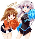  blue_eyes brown_hair carolina_panthers charlotte_(anime) cheerleader company_connection crossover denver_broncos hairband kanon key_(company) long_hair multiple_girls national_football_league pom_poms red_eyes satomi_yoshitaka short_hair silver_hair tomori_nao tsukimiya_ayu twitter_username two_side_up 