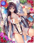  artist_request barefoot beach_chair blush breasts breasts_apart brown_hair character_request flower large_breasts long_hair looking_at_viewer lying navel official_art on_back parted_lips sengoku_bushouki_muramasa solo swimsuit thigh_strap 