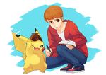  brown_eyes brown_hair buntatta commentary_request deerstalker denim detective_pikachu gen_1_pokemon great_detective_pikachu:_the_birth_of_a_new_duo hat jeans notepad open_mouth pants pen pikachu pointing pointing_up pokemon pokemon_(creature) shoes sneakers squatting tim_goodman 