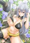  adjusting_hair akino_hamo bikini blue_flower blue_rose blush breasts cleavage curvy feet flower huge_breasts long_hair looking_at_viewer navel parted_lips pov red_eyes rose sandals self_fondle selvaria_bles senjou_no_valkyria senjou_no_valkyria_1 showering silver_hair single_thighhigh solo squatting strap_gap swimsuit thighhighs very_long_hair water wet 