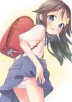  backpack bag black_hair blue_eyes blush child hair_ornament izumi_reina long_hair looking_at_viewer looking_back musaigen_no_phantom_world open_mouth panties pu-en randoseru ribbon school_uniform skirt solo striped striped_panties underwear upskirt younger 