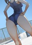  adjusting_clothes adjusting_swimsuit ass bare_shoulders blue_sky blue_swimsuit breasts brown_hair cameltoe chain-link_fence cityscape competition_school_swimsuit copyright_request day dutch_angle fence hand_under_clothes hand_under_swimsuit head_out_of_frame highres medium_breasts nac000 one-piece_swimsuit outdoors pool pool_ladder shiny shiny_skin short_hair sideboob skin_tight sky solo standing sunlight swimsuit thighs water 