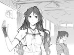  ? architecture asakawa_(outeq) blush commentary_request fingerless_gloves gloves gradient_hair greyscale hair_ribbon hangar houshou_(kantai_collection) indoors japanese_clothes kantai_collection katsuragi_(kantai_collection) long_hair looking_at_viewer midriff monochrome multicolored_hair multiple_girls navel ponytail ribbon shaded_face short_hair short_sleeves smile sparkle spoken_question_mark tasuki thought_bubble upper_body waving waving_arm window 