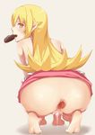  all_fours anus arm_support ass bad_id bad_pixiv_id bakemonogatari bare_shoulders barefoot beige_background blonde_hair blush brown_eyes cum cum_in_pussy cumdrip doughnut food from_behind full_body gaping highres long_hair looking_at_viewer looking_back monogatari_(series) mouth_hold no_panties oshino_shinobu pink_skirt pointy_ears profile pussy shirt shoutai_(7490773) simple_background skirt sleeveless sleeveless_shirt soles solo spread_anus squatting vampire white_shirt 