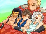  armband blonde_hair brothers brown_hair cape circlet closed_eyes eyebrows facial_hair helmet hokuto_no_ken jacket jagi kenshirou knee_pads long_hair lying lying_on_person male_focus multiple_boys muscle raou_(hokuto_no_ken) red_cape scar shion_(kokorozashi_on_momo_neko) shoulder_pads siblings sleeping spikes thick_eyebrows toki_(hokuto_no_ken) white_hair 