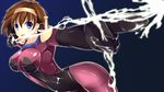  bad_id bad_pixiv_id blue_background blue_eyes blush bodysuit bow_(weapon) breasts brown_hair commentary_request earrings electricity g_gundam gundam hairband jewelry large_breasts mobile_trace_suit pink_bodysuit rain_mikamura short_hair skin_tight solo weapon youkan_(mattya_youkan) 