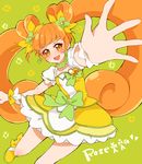  bad_id bad_pixiv_id blush bow brooch brown_eyes brown_hair character_name choker cure_rosetta dokidoki!_precure double_bun earrings flower green_background green_bow green_choker hair_bow hair_flower hair_ornament jewelry long_hair magical_girl outstretched_arms precure purin_(purin0) skirt smile solo spread_arms twintails wrist_cuffs yellow_bow yotsuba_alice 