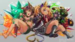  ;p animal_ears anklet aqua_eyes barefoot bastet_(p&amp;d) blonde_hair blush brown_hair capelet cat_ears cat_tail commentary_request crown dark_skin denebola_(p&amp;d) egyptian fake_animal_ears fang flat_chest fur_trim green_eyes highres jewelry kurokitsune_(float0108) long_hair midriff multiple_girls navel one_eye_closed open_mouth puzzle_&amp;_dragons sitting skirt smile tail tongue tongue_out wavy_hair 