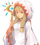  bangs blonde_hair blunt_bangs braid elrowa final_fantasy final_fantasy_tactics gloves hair_over_shoulder hood long_hair lowres red_eyes robe simple_background solo staff twin_braids twintails upper_body weapon white_background white_mage white_mage_(fft) 