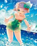  1girl ;d ahoge aisha_(sennen_sensou_aigis) aqua_bow aqua_eyes aqua_swimsuit bad_proportions bare_shoulders blue_sky bow breasts cloud collarbone covered_navel day feathers hair_bow hair_feathers leaning_forward looking_at_viewer ocean one-piece_swimsuit one_eye_closed open_mouth outdoors red_bow sennen_sensou_aigis sky small_breasts smile solo splashing standing swimsuit yuasa_akira 