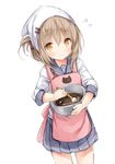  apron brown_eyes brown_hair chocolate commentary flying_sweatdrops folded_ponytail inazuma_(kantai_collection) kantai_collection looking_at_viewer mixing_bowl school_uniform serafuku skirt sleeves_pushed_up smile solo spoon tenugui valentine wataame27 