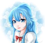  bad_id bad_pixiv_id blue_background blue_eyes blue_hair bow bowtie collared_shirt denpa_onna_to_seishun_otoko dress_shirt hair_between_eyes hexagon highres lips looking_at_viewer pinkisch ponytail red_bow red_neckwear shirt simple_background smile solo tareme touwa_erio upper_body 