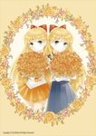  aino_minako artist_name banned_artist bishoujo_senshi_sailor_moon blonde_hair blue_eyes blue_skirt bow dual_persona earrings elbow_gloves flower gloves hair_bow holding holding_flower jewelry long_hair miniskirt multiple_girls nabeia orange_skirt pleated_skirt sailor_senshi_uniform sailor_venus school_uniform serafuku shiba_koen_middle_school_uniform side-by-side skirt smile white_gloves 