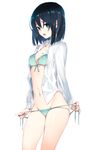  bikini bikini_under_clothes black_hair blue_eyes blush breasts cleavage dress_shirt front-tie_top groin navel open_clothes open_mouth open_shirt original shirt short_hair side-tie_bikini simple_background small_breasts solo swimsuit untied untied_bikini weee_(raemz) white_background 