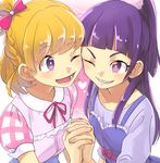  asahina_mirai blonde_hair bow braid french_braid hair_bow holding_hands izayoi_liko long_hair looking_at_another mahou_girls_precure! multiple_girls one_eye_closed pink_background pink_bow precure purple_eyes purple_hair shirt short_hair smile toyosaka upper_body 