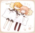  black_legwear blanket blonde_hair blush cat_pillow closed_eyes holding_hands kamekichi long_hair lying male_focus midare_toushirou multiple_boys on_back orange_hair paw_print pillow shirado_emi sleeping thighhighs touken_ranbu turtle urashima_kotetsu wavy_mouth zzz 