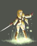  :d blonde_hair boots breasts cloak faux_figurine final_fantasy final_fantasy_tactics geomancer_(fft) gloves grass holding holding_sword holding_weapon long_hair long_sleeves low_twintails nraneco open_mouth outdoors purple_eyes round_teeth smile solo sword teeth twintails weapon 