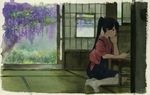  blue_hair commentary_request elbow_rest flower from_side hakama houshou_(kantai_collection) indoors japanese_clothes kantai_collection kimono long_hair looking_away no_shoes on_floor pantyhose ponytail shijukara_(great_tit) shouji sitting sliding_doors smile solo table tasuki tatami traditional_media tree watercolor_(medium) white_legwear wide_shot wisteria yokozuwari 