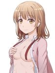  bad_id bad_twitter_id breasts brown_eyes brown_hair cleavage collarbone covering covering_breasts covering_nipples highres inanaki_shiki isshiki_iroha looking_at_viewer medium_breasts no_bra open_clothes open_shirt school_uniform shirt short_hair simple_background smile solo sweat upper_body yahari_ore_no_seishun_lovecome_wa_machigatteiru. 
