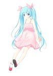  blue_eyes blue_hair dress hatsune_miku highres long_hair lqk_jing_jia pink_dress simple_background socks solo twintails very_long_hair vocaloid white_background 