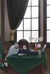  armchair borrowed_garments brown_hair chair curtains desk flower hayashi_kewi head_down indoors jacket jacket_on_shoulders kantai_collection lamp lily_(flower) long_sleeves military military_jacket military_uniform mirror mutsuki_(kantai_collection) outstretched_arm remodel_(kantai_collection) sitting sleeping solo uniform vase white_jacket window 