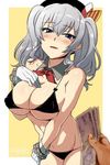  beret bikini bikini_top commentary_request detached_collar frills gloves grey_eyes hair_ribbon hands hat ikeshita_moyuko jpeg_artifacts kantai_collection kashima_(kantai_collection) looking_at_viewer money open_mouth resizing_artifacts ribbon silver_hair swimsuit twintails white_gloves 