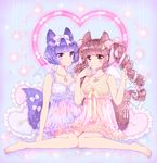  angel_wings animal_ears arrow_through_heart barefoot bat_wings bead_necklace beads blue_eyes blue_hair bow breasts brown_hair cleavage double_bun finger_to_mouth fox_ears fox_tail frilled_pillow frills hair_ribbon heart heart_pillow hexagram jewelry medium_breasts multiple_girls naki_ringo necklace nightgown original pendant pillow pink_eyes ribbon short_hair sitting star star_of_david tail tareme tsurime twintails vignetting wariza wings 