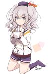  :&gt; adapted_costume alternate_costume amripo beret cup grey_eyes hat hood hoodie kantai_collection kashima_(kantai_collection) looking_at_viewer mug shorts silver_hair socks solo twitter_username wavy_hair 