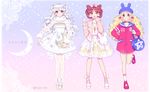  animal_ears bag bishoujo_senshi_sailor_moon blonde_hair blue_eyes brown_hair bunny_ears cellphone crescent double_bun dress earrings fake_animal_ears flower fur_trim gradient gradient_background grin hat jacket jewelry keychain leg_up long_hair multiple_girls naki_ringo necklace open_mouth original pantyhose phone platform_footwear rose sailor_collar skirt smartphone smartphone_case smile sparkle star translation_request twintails twitter_username white_dress white_hair yellow_eyes 