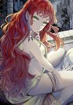  braid breasts castle children_of_judas green_eyes hand_to_own_mouth looking_at_viewer looking_up medium_breasts moeru!_jiten moeru!_vampire_jiten night red_hair rinhachi sideboob sitting solo thigh_strap tree vampire wariza 