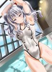  adapted_costume armpits breasts competition_swimsuit kantai_collection kashima_(kantai_collection) kasugano_tobari looking_at_viewer medium_breasts one-piece_swimsuit rei_no_pool silver_hair smile solo swimsuit twintails wavy_hair 