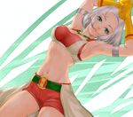  ahoge armlet armpits breasts cleavage dragon_quest dragon_quest_x dutch_angle earrings gloves green_eyes jewelry kosuga_kumi lips looking_at_viewer medium_breasts midriff necklace parted_lips red_shorts riin_(dq10) short_hair shorts silver_hair solo stomach yellow_gloves 