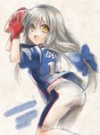  bike_shorts black_hair clannad dated football football_uniform gloves highres ibuki_fuuko julian_edelman long_hair national_football_league new_england_patriots satomi_yoshitaka solo sportswear twitter_username yellow_eyes 