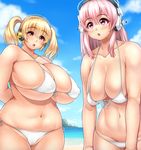  bikini blonde_hair blush breasts cleavage commentary_request covered_nipples headphones huge_breasts large_breasts meat_day multiple_girls navel nitroplus open_mouth orange_eyes pink_hair plump red_eyes short_hair skindentation super_pochaco super_sonico swimsuit twintails white_bikini yoohi 