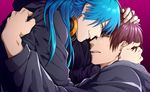  blue_hair clenched_hand dramatical_murder eye_contact hand_on_another's_head headphones headphones_around_neck kuwa_ayase long_hair looking_at_another male_focus mizuki_(dramatical_murder) multiple_boys red_hair scared seragaki_aoba smirk tattoo 
