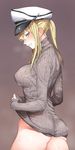  ass blonde_hair blush breasts clenched_teeth dress dress_lift ear_blush from_behind graf_zeppelin_(kantai_collection) grey_eyes hat highres kantai_collection large_breasts long_hair looking_at_viewer looking_back naked_sweater no_panties peaked_cap ponytail sidelocks simple_background solo sweater sweater_dress teeth turtleneck yakitomeito 