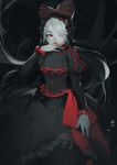  3four blood bow breasts dress frilled_dress frills gothic_lolita hair_bow hair_over_one_eye lolita_fashion long_dress long_hair medium_breasts overlord_(maruyama) pale_skin red_eyes shalltear_bloodfallen silver_hair solo striped vampire vertical_stripes 