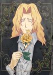  bleach blonde_hair flower heliodor leaf long_hair male_focus md5_mismatch one_eye_closed ootoribashi_roujuurou petals purple_eyes rose rose_petals solo yellow_flower yellow_rose 