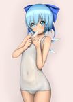 blue_bow blue_eyes blue_hair blush bow cameltoe cirno collarbone covered_navel cowboy_shot dls dripping eating fairy fairy_wings food food_on_clothes grey_background hair_between_eyes hair_bow highres ice ice_cream ice_wings looking_at_viewer melting one-piece_swimsuit popsicle school_swimsuit short_hair simple_background solo swimsuit thighs touhou white_swimsuit wings 